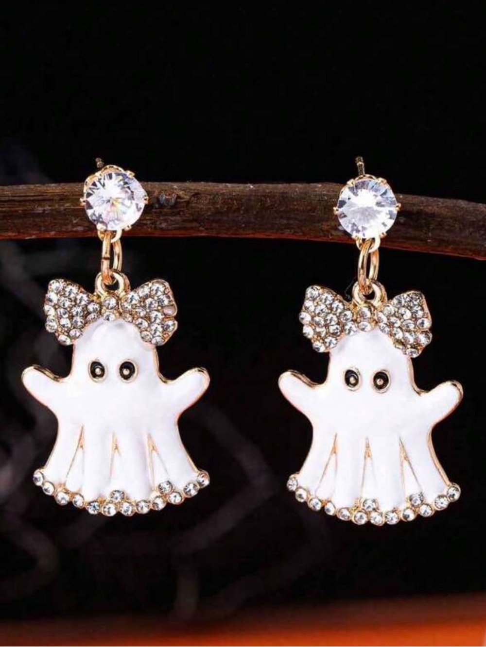 White Ghost Drop Earrings with Gold and Clear Crystal Bows